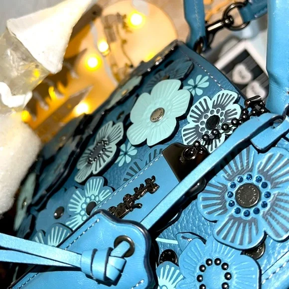 COACH#58840 BLUE TEA ROSE APPLIQUE ROGUE SATCHEL - Picture 7 of 17